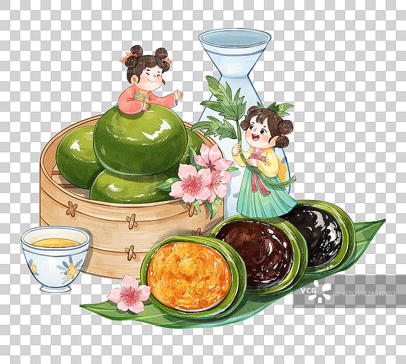 手绘水彩寒食节唐朝女孩与青团艾叶酒壶组合免抠元素图片素材