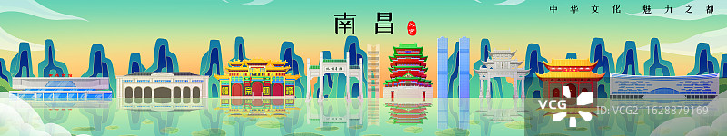 国潮风新中式绿色江西南昌城市天际线旅游景点建筑图片素材