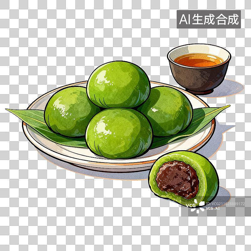 【AI数字艺术】青团配茶传统点心摆盘插画图片素材