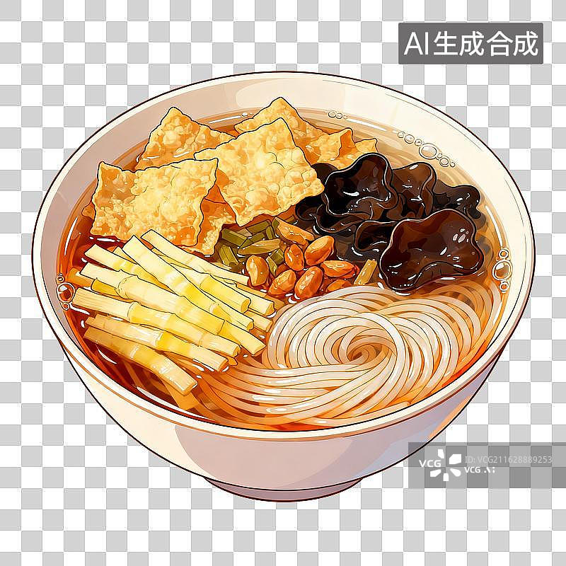 【AI数字艺术】一碗热腾腾的酸辣粉配脆豆腐皮木耳花生图片素材