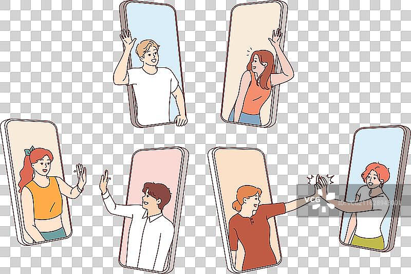 人们在手机上挥手致意图片素材