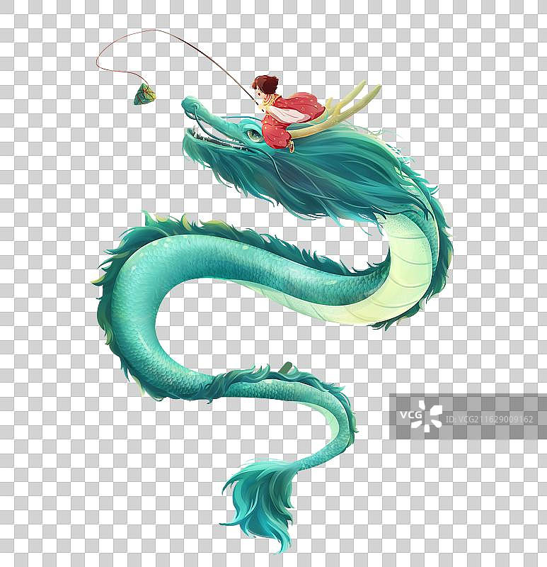 端午佳节手绘插画：少女骑乘青龙钓粽子梦幻奇遇图片素材