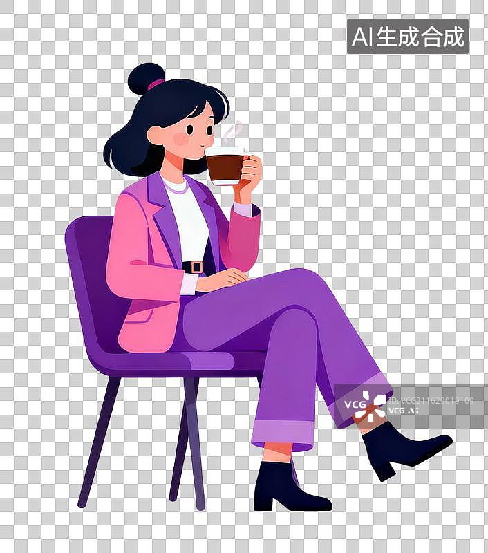 【AI数字艺术】粉紫撞色女孩，端着热咖啡享受惬意时光图片素材