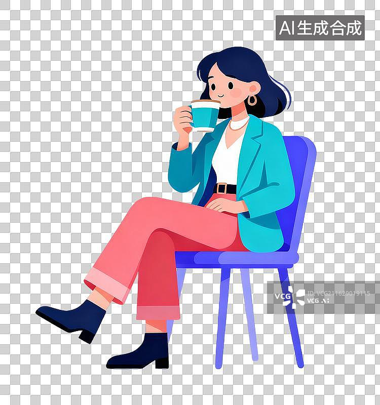 【AI数字艺术】蓝粉撞色女孩，在蓝椅上轻啜蓝杯咖啡图片素材