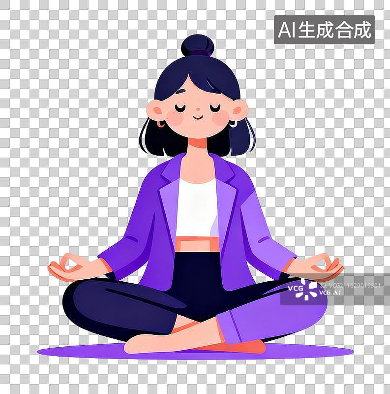 【AI数字艺术】紫西装女孩，闭眼静坐舒缓情绪图片素材