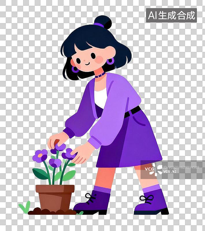 【AI数字艺术】全紫套装女孩，俯身轻抚盆栽里的紫色小花图片素材