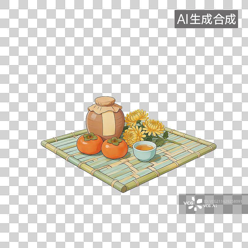 【AI数字艺术】秋天菊花柿子黄酒插画图片素材