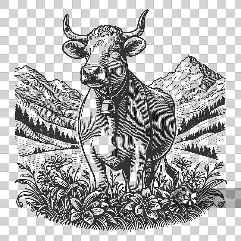 山地景观中吃草的奶牛雕版画图片素材
