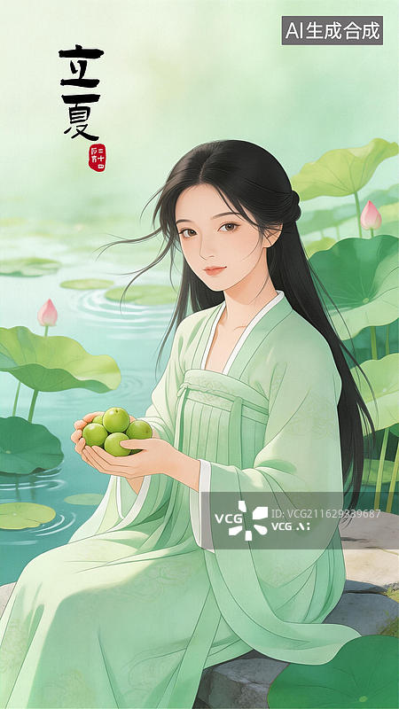 【AI数字艺术】7立夏 新中式国潮二十四节气少女插画 可编辑模板图片素材
