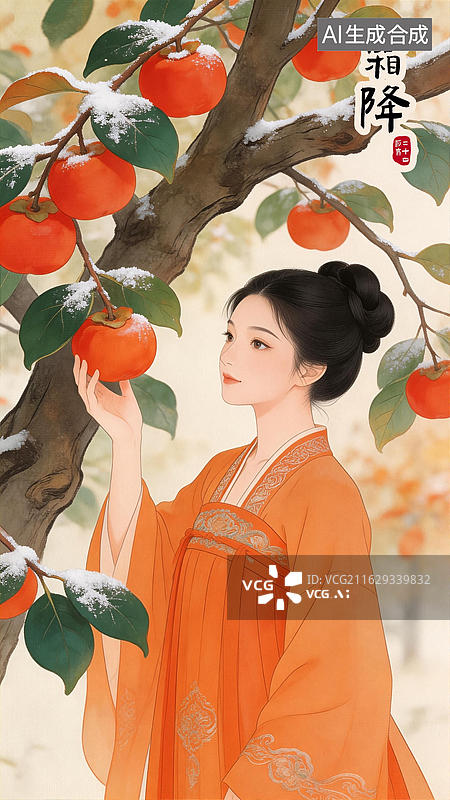 【AI数字艺术】18霜降 新中式国潮二十四节气少女插画 可编辑模板图片素材