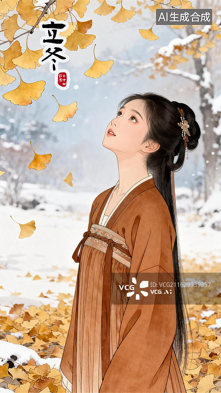 【AI数字艺术】19立冬 新中式国潮二十四节气少女插画 可编辑模板图片素材