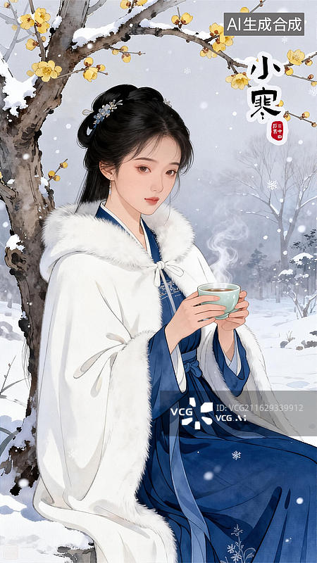 【AI数字艺术】23小寒 新中式国潮二十四节气少女插画 可编辑模板图片素材
