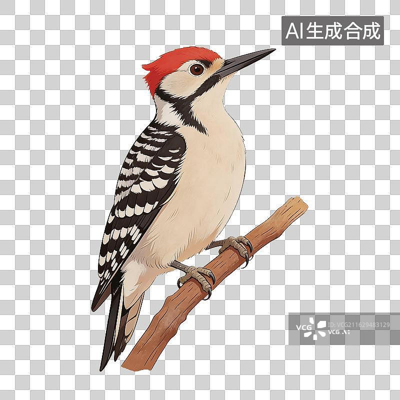 【AI数字艺术】红冠啄木鸟栖息树枝插画图片素材