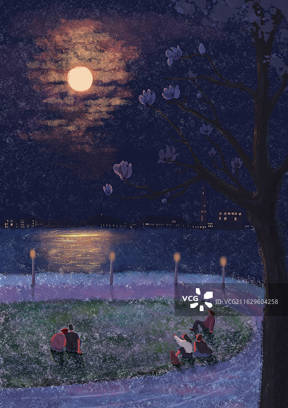 手绘风海边夜色，月光下的白玉兰树图片素材
