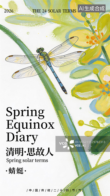 【AI数字艺术】手绘水粉蜡笔风格二十四节气清明节日昆虫蜻蜓花卉插画海报模板设计图片素材