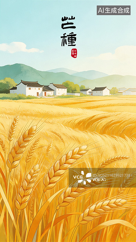 【AI数字艺术】9芒种 新中式国潮二十四节气风景插画可编辑模版图片素材