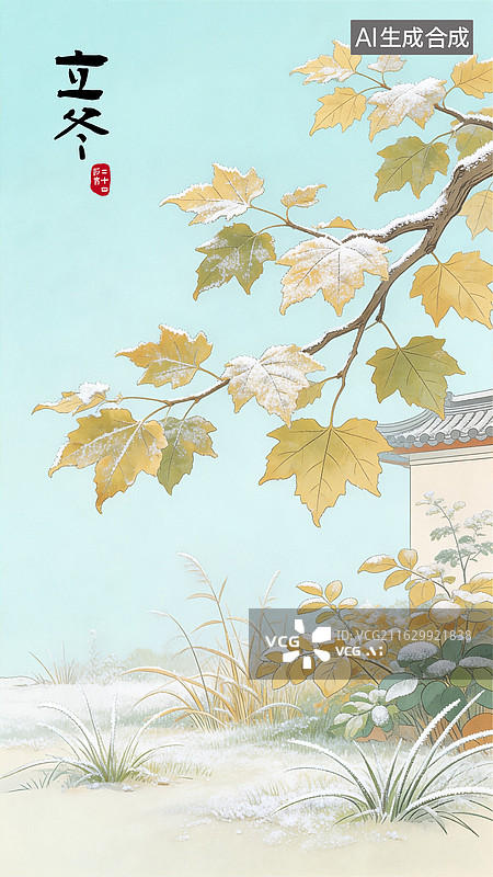 【AI数字艺术】19立冬 新中式国潮二十四节气风景插画可编辑模版图片素材