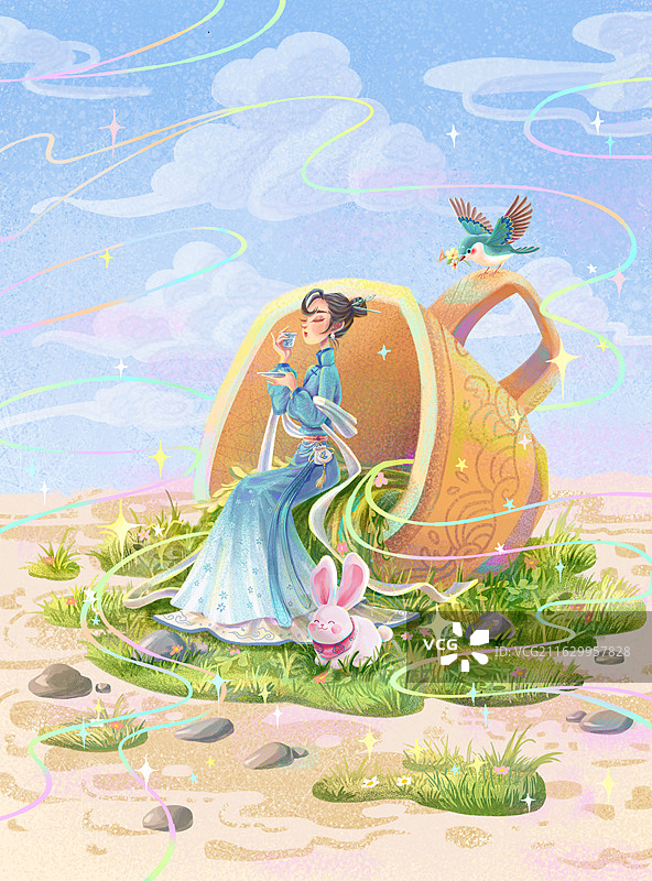 唯美治愈系国风少女品茗兔子创意插画海报图片素材