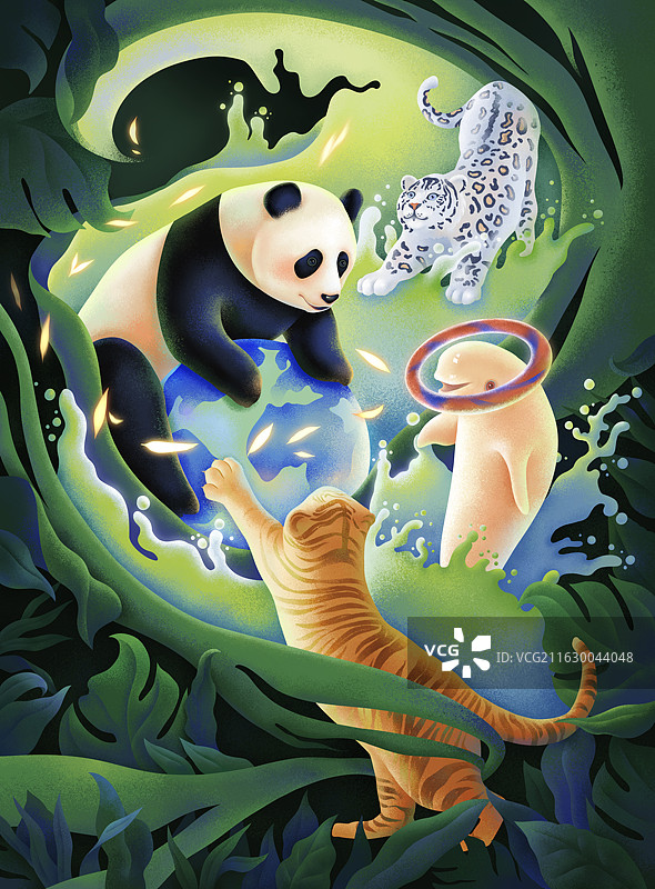 熊猫东北虎等濒危动物保护公益插画图片素材
