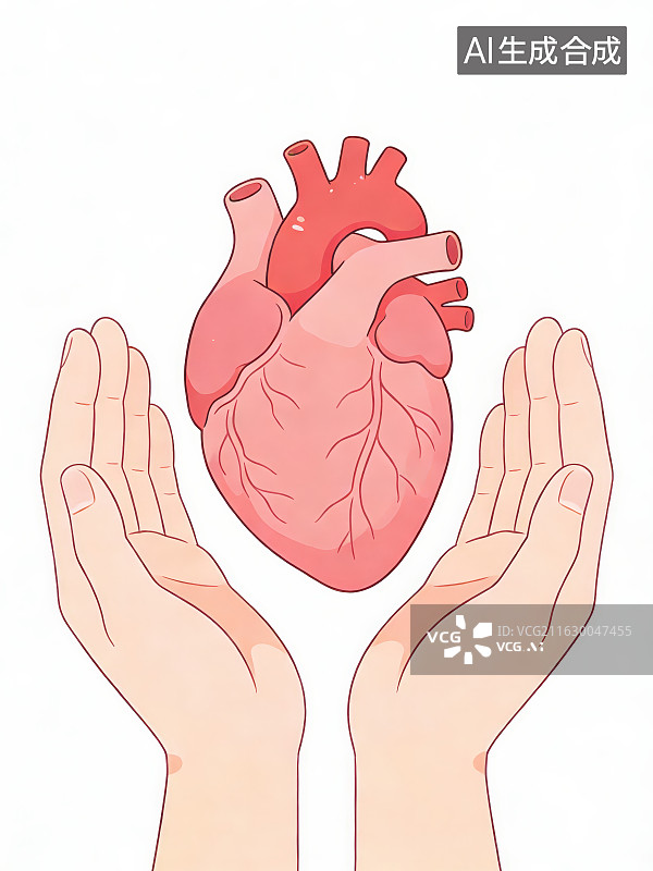 【AI数字艺术】纯白色背景下卡通手绘双手捧起呵护人体心脏器官，医疗健康心血管科宣传公益科普元素背景图片素材