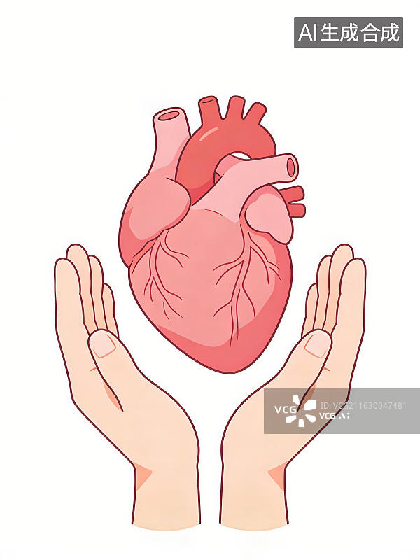 【AI数字艺术】纯白色背景下卡通手绘双手捧起呵护人体心脏器官，医疗健康心血管科宣传公益科普元素背景图片素材