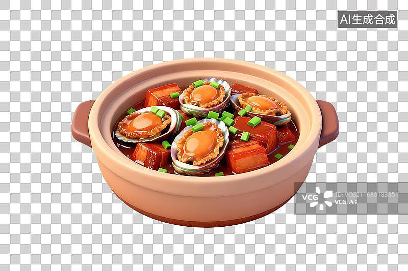 【AI数字艺术】卡通风格，砂锅中美味的鲍鱼红烧肉PNG格式的免扣元素图片素材