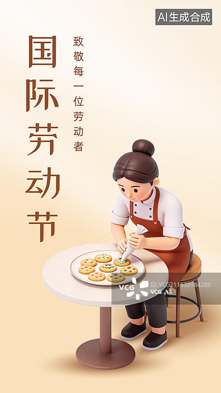【AI数字艺术】劳动节烘焙师甜品师3D卡通插画海报图片素材