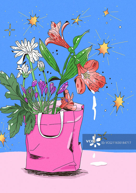 春意盎然的花花和粉红色的纸袋图片素材