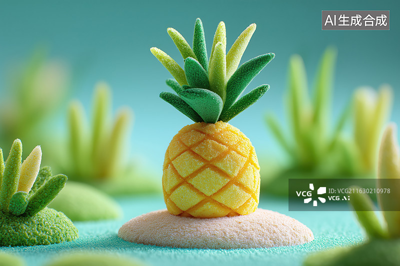 【AI数字艺术】夏季热带水果凤梨削皮的菠萝3D卡通立体海绵水果插画图片素材