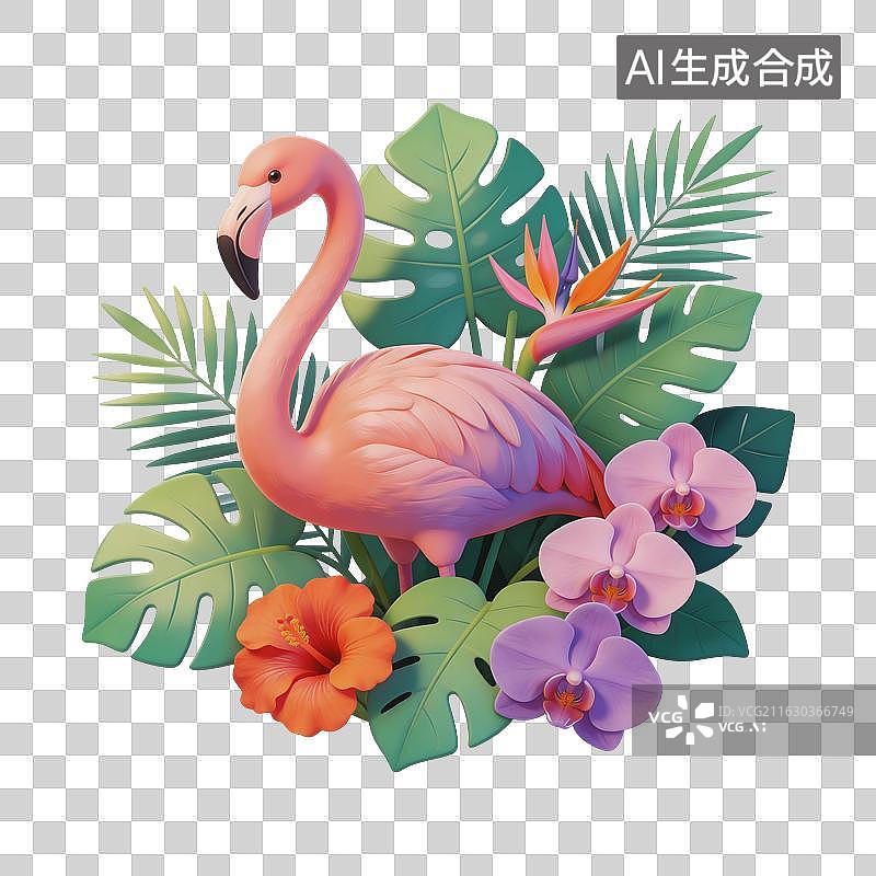 【AI数字艺术】植物叶子和火烈鸟插画图片素材