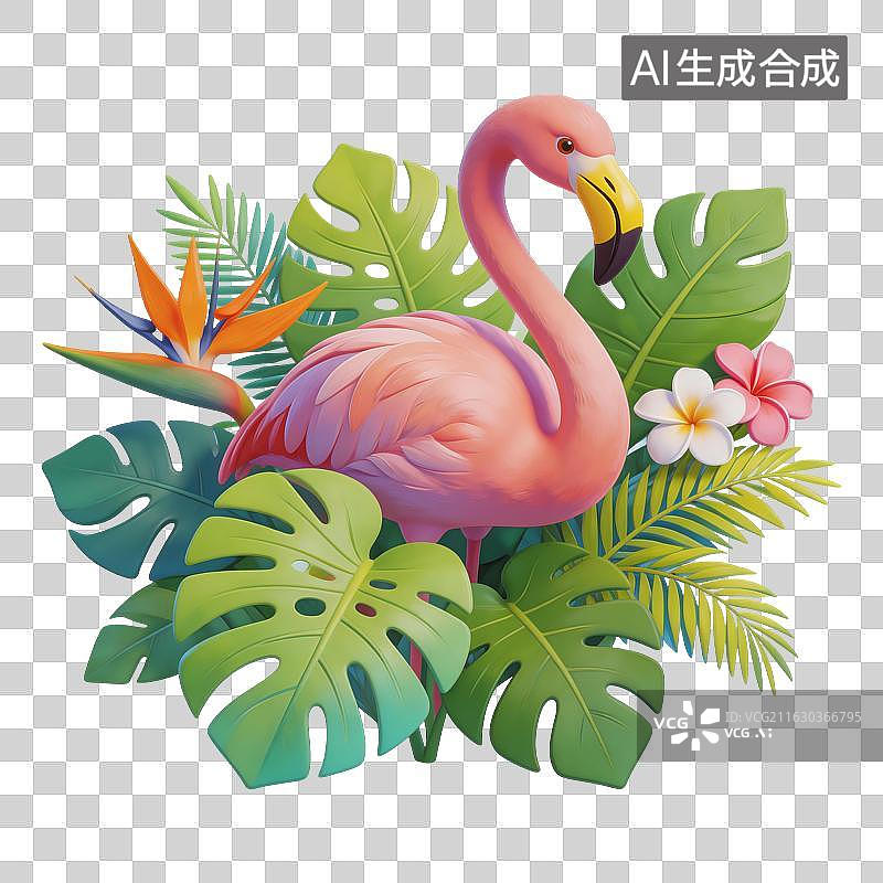 【AI数字艺术】植物叶子和火烈鸟插画图片素材