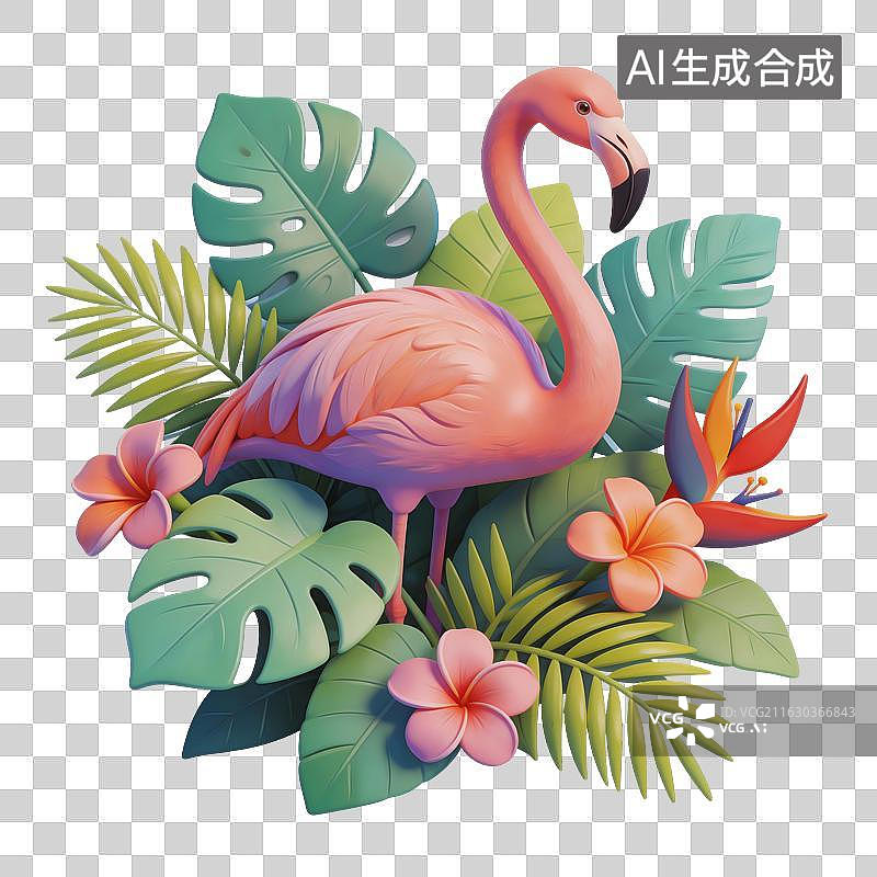 【AI数字艺术】植物叶子和火烈鸟插画图片素材