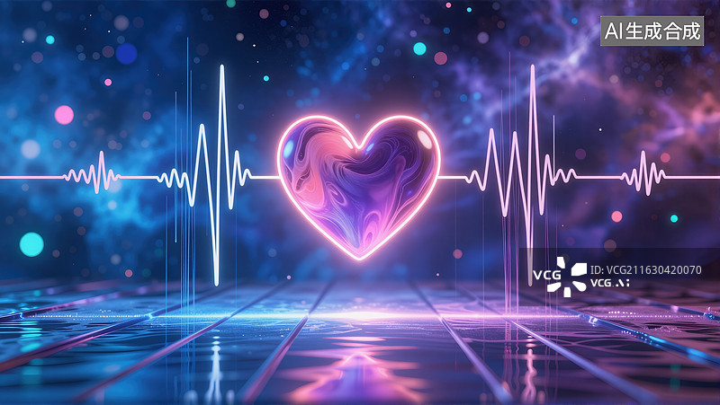 【AI数字艺术】心跳与宇宙共鸣的梦幻心形光波图片素材