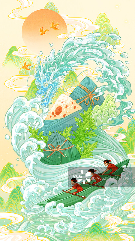 水龙腾跃与龙舟竞渡插画图片素材