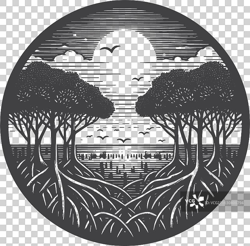 日落时分手绘风格的红树林图片素材