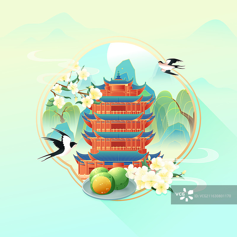 国风节气清明武汉城市建筑矢量插画图片素材