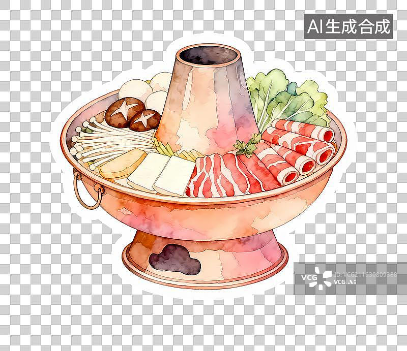 【AI数字艺术】火锅铜锅涮火锅钢笔淡彩水彩手绘感美味食物图片素材