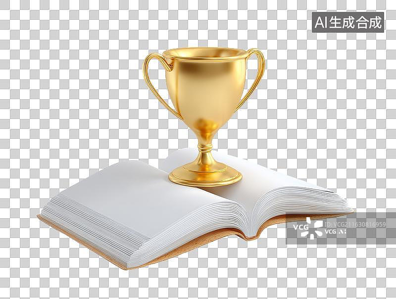 【AI数字艺术】金色奖杯置于翻开的书上图片素材