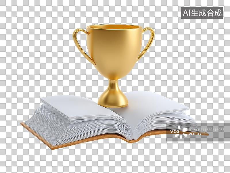 【AI数字艺术】金色奖杯置于翻开的书上图片素材