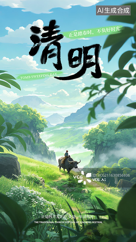 【AI数字艺术】清明踏春：田园牧歌与牧童骑牛漫步在青山绿水间山谷与盛放的野花插画海报图片素材