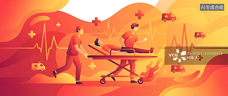 【AI数字艺术】医护人员推担架抢救患者插画图片素材