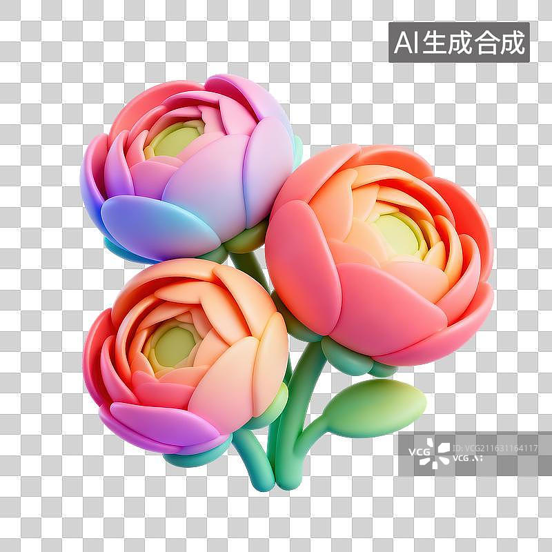 【AI数字艺术】3D 卡通渐变重瓣洋牡丹花卉装饰场景图片素材