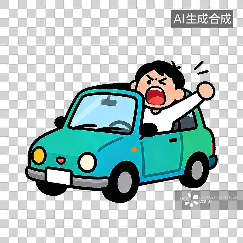 【AI数字艺术】卡通男子怒吼驾驶蓝绿小汽车图片素材