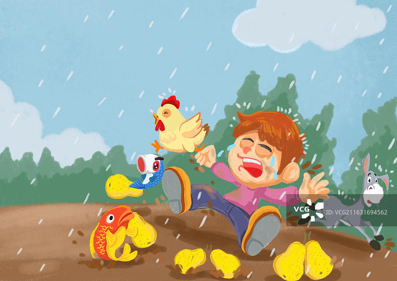插画手绘原画颗粒风自行车游乐园玩耍摔倒小鸭子职业图片素材
