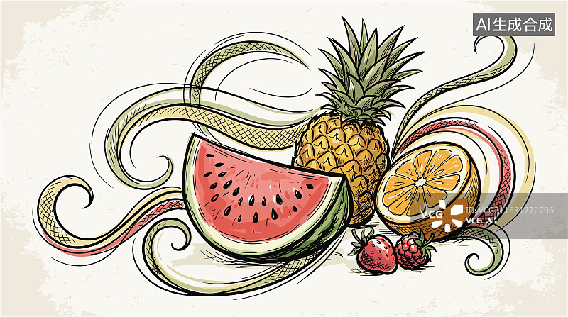 【AI数字艺术】手绘水果插画含西瓜菠萝橙子草莓图片素材