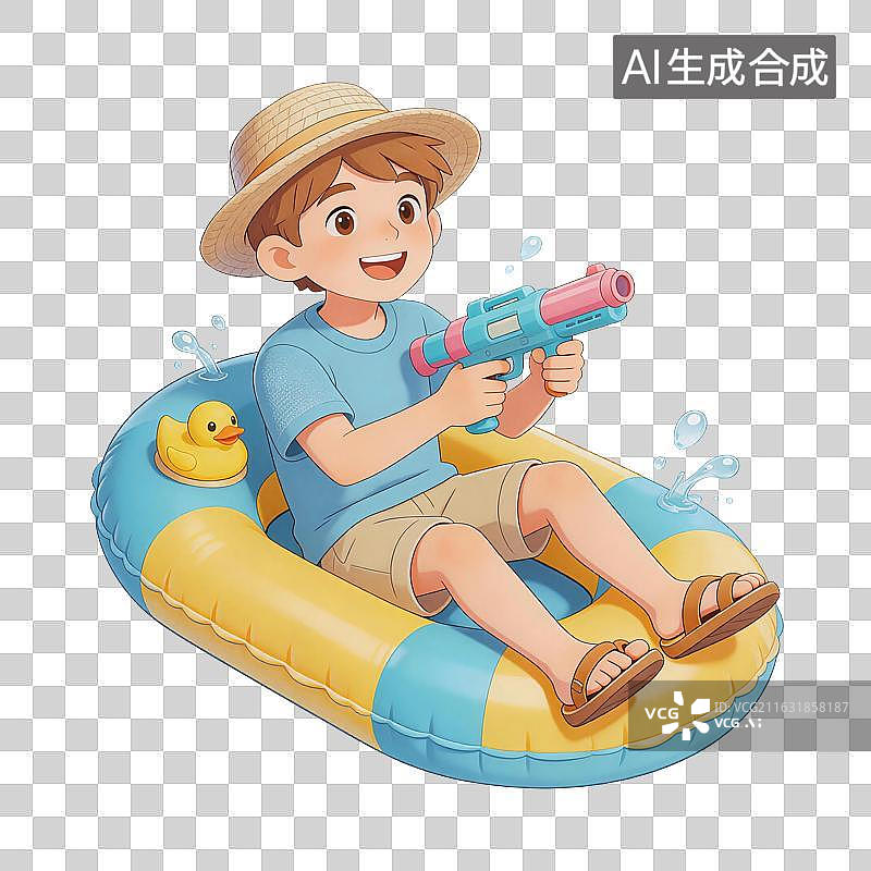 【AI数字艺术】水上乐园皮划艇上的男孩插画图片素材