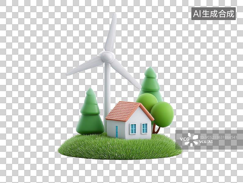【AI数字艺术】微型风车房屋绿树景观图片素材