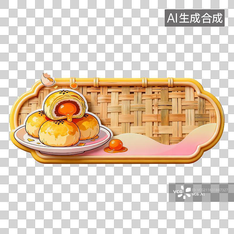 【AI数字艺术】竹编边框上的流心蛋黄酥美食贴纸图片素材