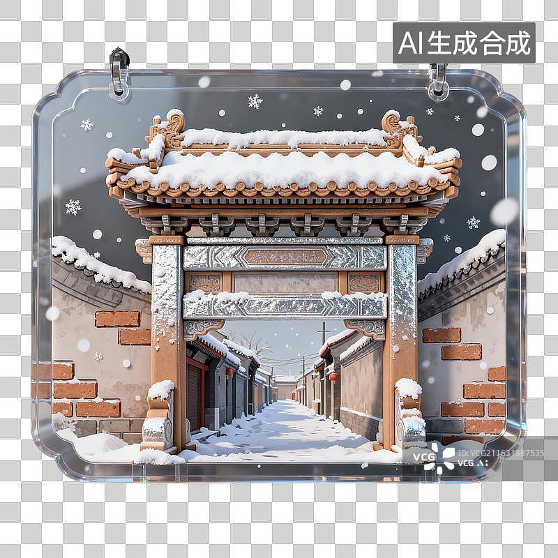 【AI数字艺术】透明挂件里的冬日古巷雪景图片素材