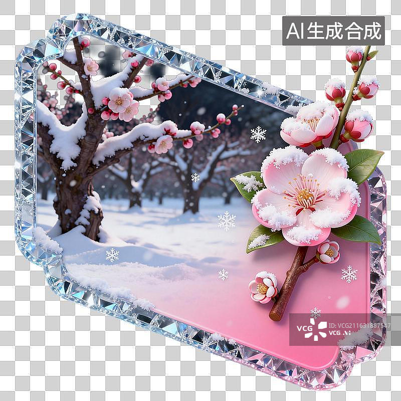 【AI数字艺术】水晶框雪景梅花装饰摆件图片素材